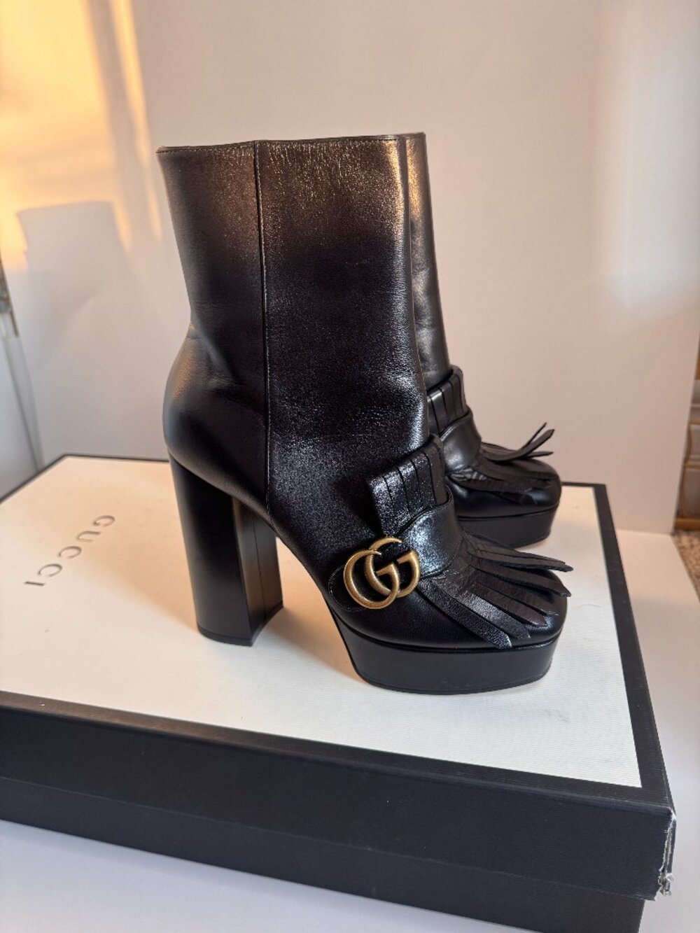 Gucci GG Marmont Fringe Platform Boots EU 38.5 Black